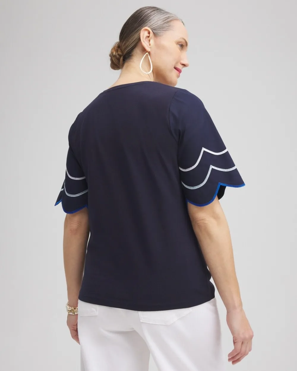 Online Embroidered Scallop Sleeve Top Tops