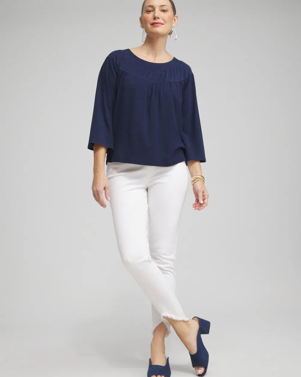 Online Faux Denim Eyelet Trim Top Tops