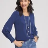 New Faux Denim Smocked Sleeve Tee Tops