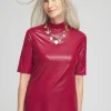 New Faux Leather Mock Neck Tee Tops