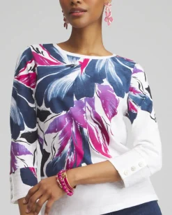 Best Sale Floral 3/4 Sleeve Button Tee Tops