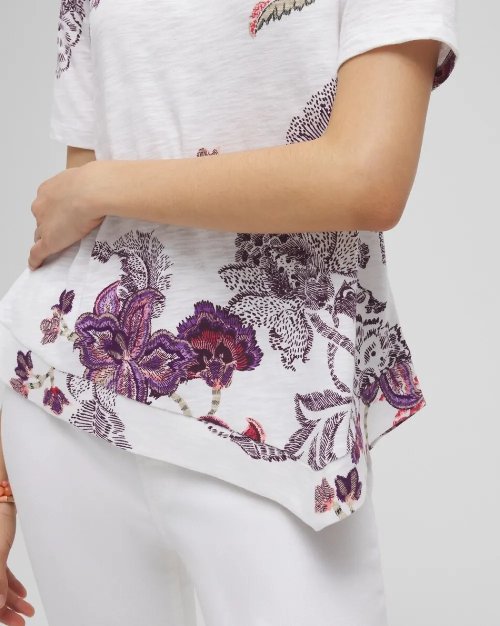 Shop Floral Asymmetrical Elbow Sleeve Tee Tops