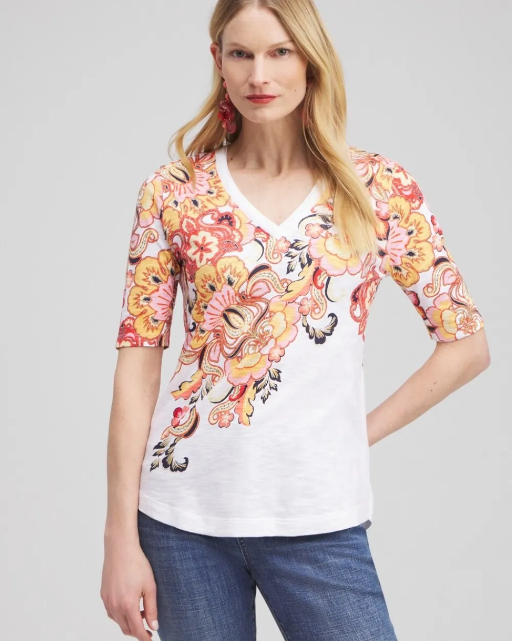 Best Floral Elbow Sleeve A-line Tee Tops