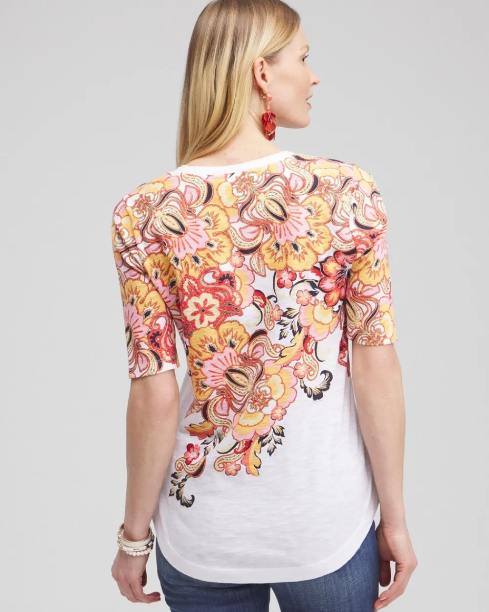 Best Floral Elbow Sleeve A-line Tee Tops