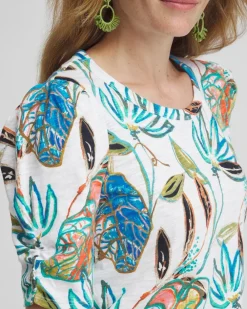 Fashion Floral Gathered Elbow Sleeve Tee Tops