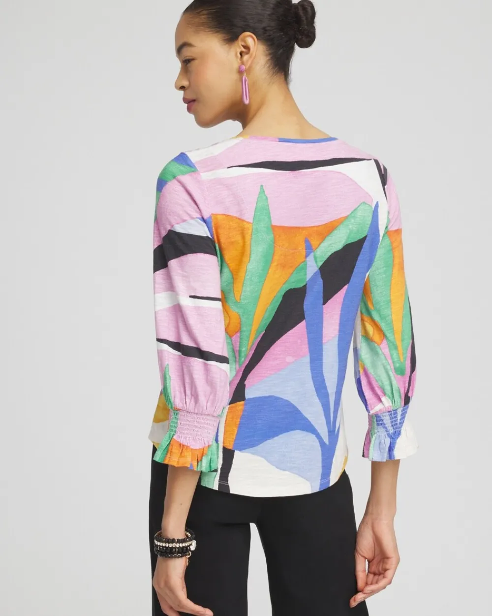 Hot Floral Smocked 3/4 Sleeve Tee Tops