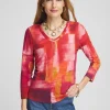 Online Geometric Print 3/4 Sleeve V-Neck Tee Tops