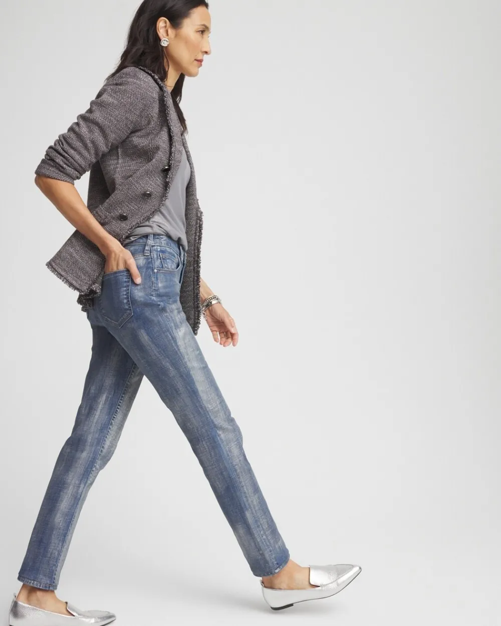 Hot Girlfriend Silver Coated Ankle Jeans Jeans & Denim