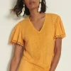 Cheap Linen Embroidered Flutter Sleeve Top Tops