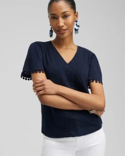 Cheap Linen Embroidered Flutter Sleeve Top Tops