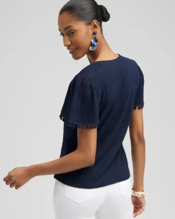 Cheap Linen Embroidered Flutter Sleeve Top Tops