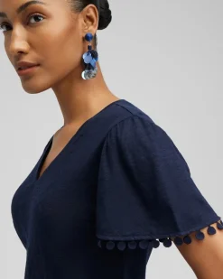 Cheap Linen Embroidered Flutter Sleeve Top Tops
