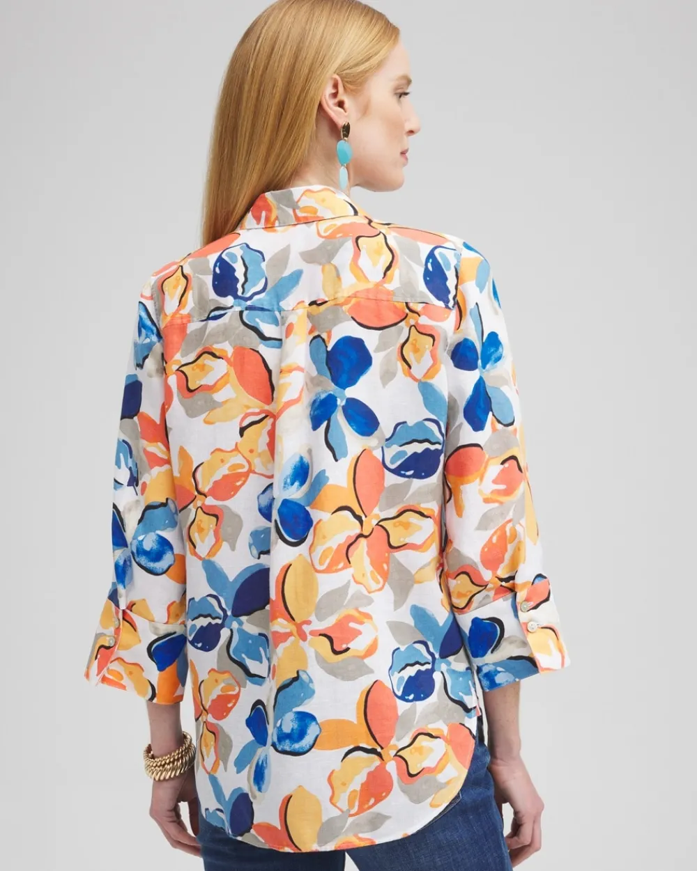 Cheap No Iron™ Linen Floral 3/4 Sleeve Shirt Tops