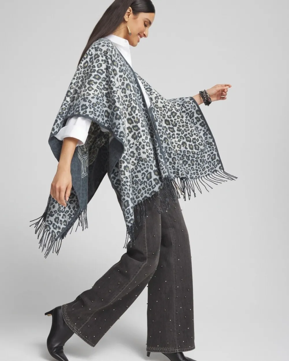 Clearance Paisley Leopard Reversible Ruana Ponchos & Ruanas
