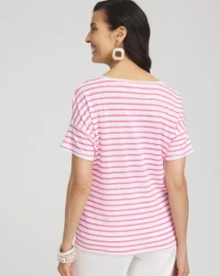 Online Pink Stripe Sweater Trim Linen Tee Tops
