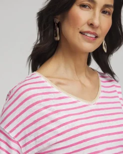 Online Pink Stripe Sweater Trim Linen Tee Tops