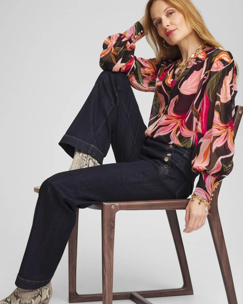 Fashion Pintuck Sleeve Orchid Print Blouse Tops