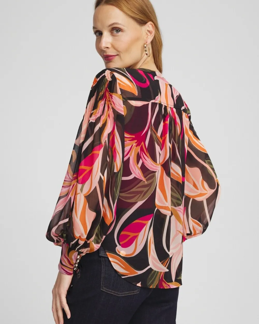 Fashion Pintuck Sleeve Orchid Print Blouse Tops