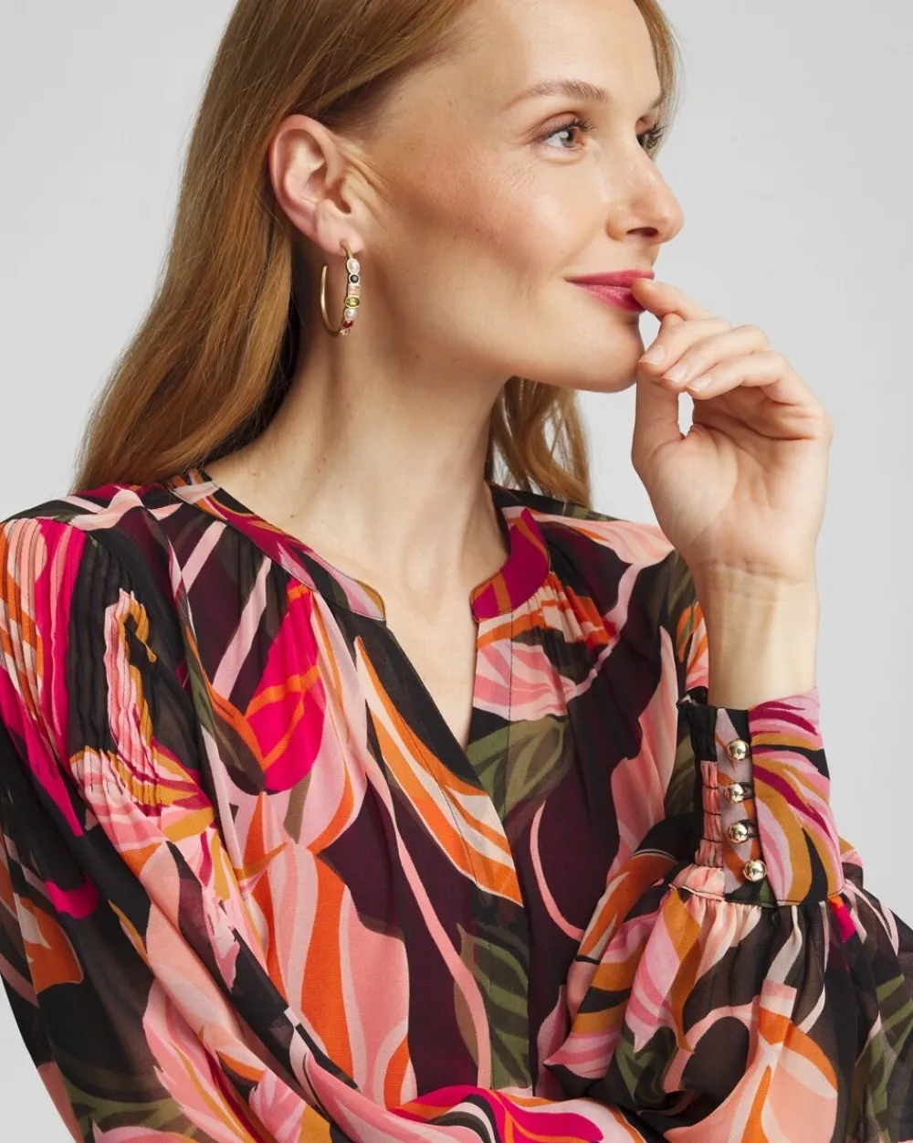 Fashion Pintuck Sleeve Orchid Print Blouse Tops