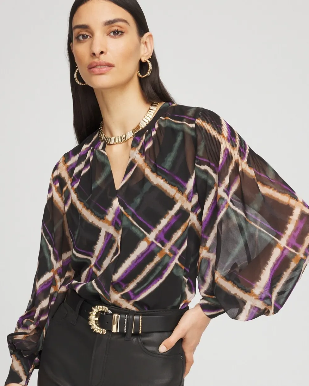 Best Sale Plaid Pintuck Sleeve Blouse Tops
