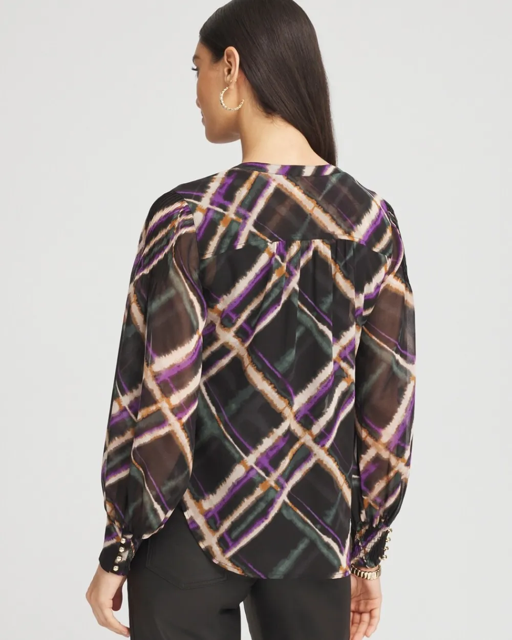 Best Sale Plaid Pintuck Sleeve Blouse Tops