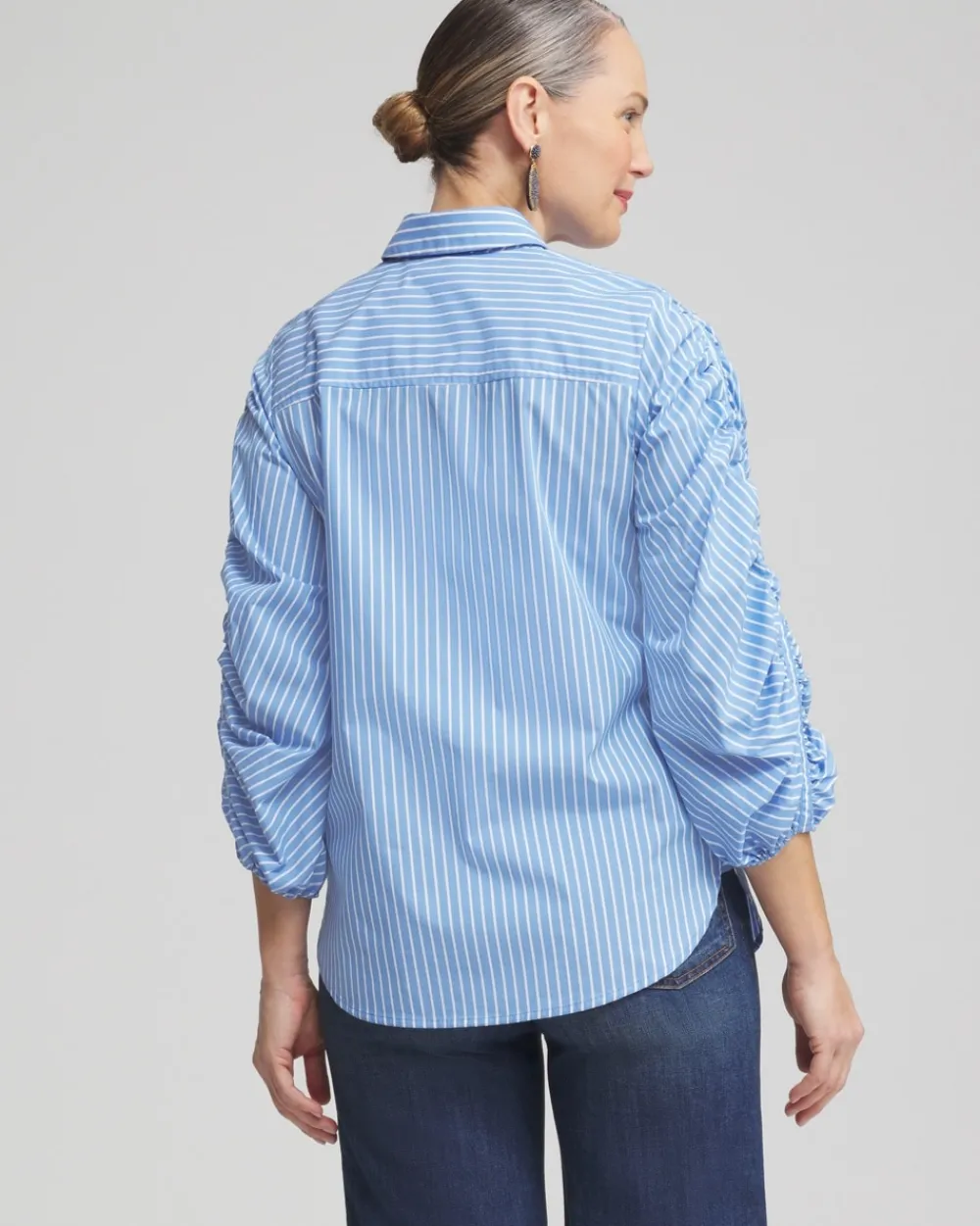 Flash Sale Poplin Stripe Ruched Sleeve Shirt Tops
