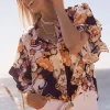 Best Satin Ruffle Sleeve Tie Front Shirt Tops