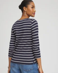 Online Stripe 3/4 Sleeve Bateau Neck Tee Tops