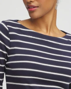 Online Stripe 3/4 Sleeve Bateau Neck Tee Tops
