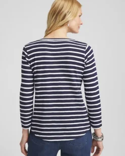 Fashion Stripe V-neck 3/4 Sleeve Tee Tops