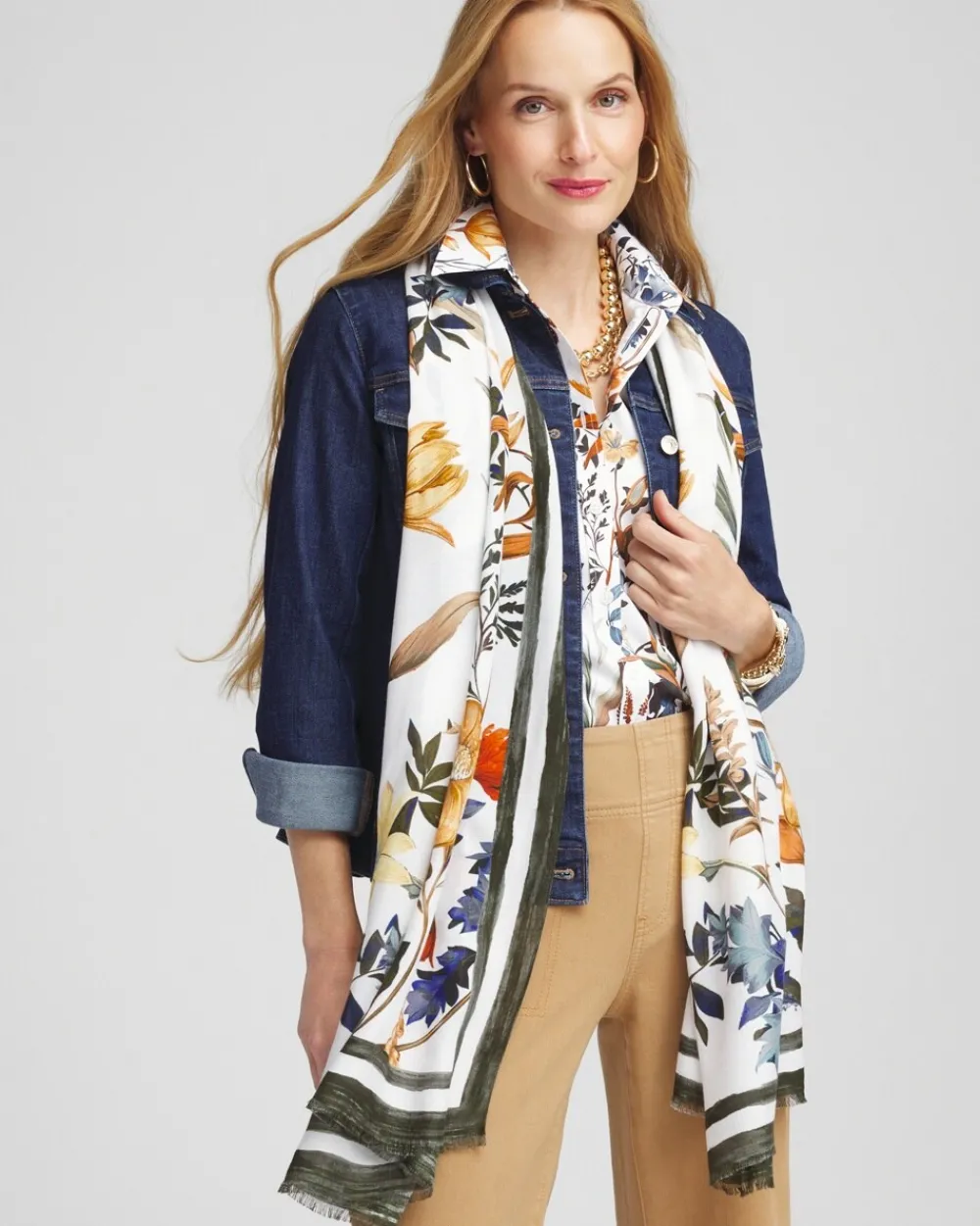 Cheap White Floral Oblong Scarf Scarves