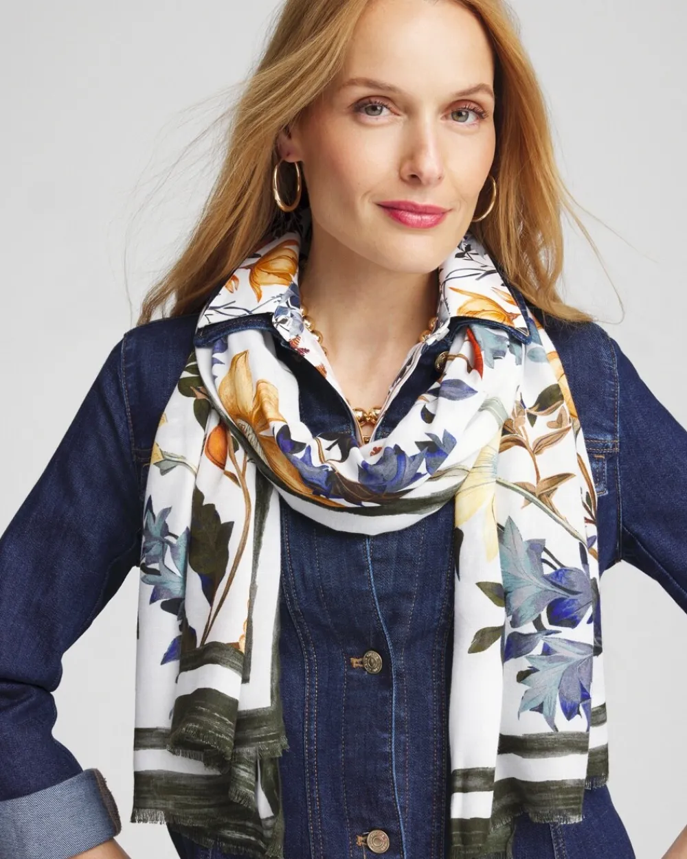 Cheap White Floral Oblong Scarf Scarves